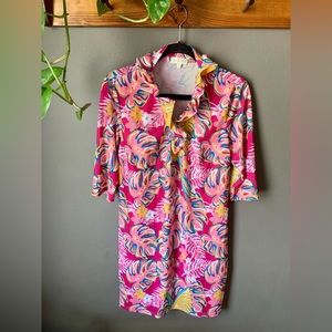 Simply Southern ruffle Neck Pink Dress palm leaf sheath Women’s Medium